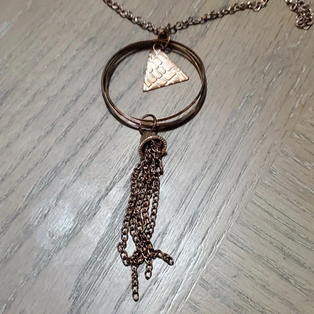 Pewter color large circle, drop chain long statement necklace